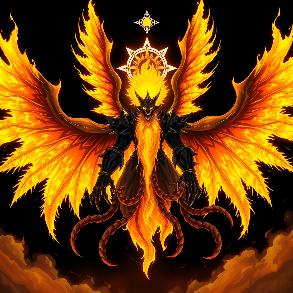 (High quality Anime styled art) Black background of a A Truly Colossal Supreme divine yet malevolent entity made of pure-solar golden-burning flame, white aura symbol around head, embodying both pure holiness and corruption, floats ominously in mid-air. Eight blazing, fiery wings radiate intense solar energy, while a shattered unique halo resembling the sun hovers above its head, body is made of pure-solar-burning flames, he is wearing black-death shoulder-plated armor, badass, 6 long arms, legs are replaced with black-tentacles, the being's long beard sways as its wrathful, ember-like eyes burn with intense fury, glowing in vivid shades of yellow and orange, exuding a powerful and foreboding energy.