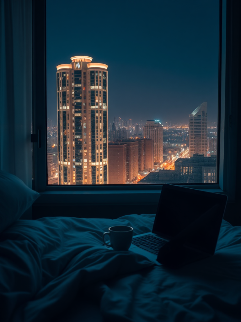 Window, bed, laptop, cup, night, no light, high buildings, real, reality