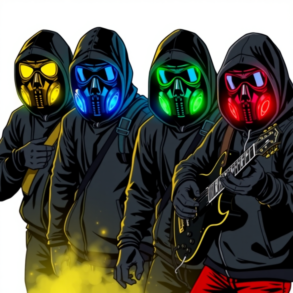 a rock band-themed group of anarchist vigilantes. They wear black tactical hoodies and color-coded gas masks that glow neon in their respective Munsell colors. Each member’s gas mask matches their designated Munsell color. There are only four members:

Maximum Yellow: Hypnotic Keyboardist with a neon yellow glowing gas mask (Munsell Yellow)  
Maximum Green: Seismic Drummist with a neon green glowing gas mask (Munsell Green)  
Maximum Blue: Electrokinetic Guitarist with a neon blue glowing gas mask (Munsell Blue)  
Maximum Red: Sonic Lead Vocalist with a neon red glowing gas mask (Munsell Red)  
The scene should capture their rebellious and intense energy, with each member in a dynamic pose, ready to unleash their musical and anarchistic powers. They are on a solid white background. They are drawn as if they are in a retro 2D cyberpunk fighting game.