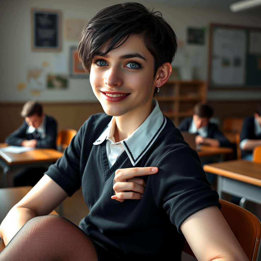 photorealistic, ultra high resolution, 16K, surreal fantasy, soft studio lighting, a pretty 17 year old goth male, slim male physique, short dark hair, blue eyes, goth makeup, earrings, sheer pantyhose, UK girls-school uniform, Mary-Jane shoes, sitting in the classroom, excited smile, facing the camera.