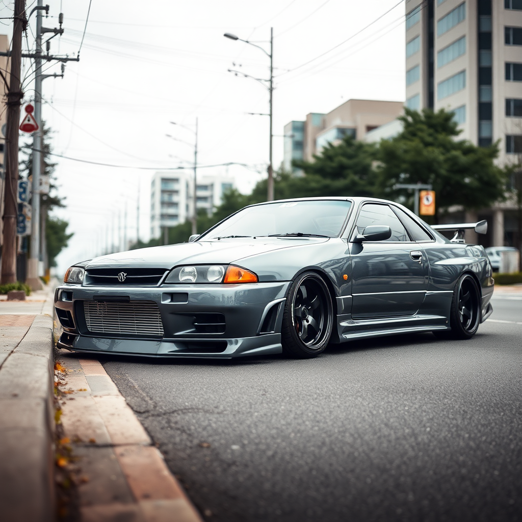 The car is parked on the side of the road, inspired by Taiyō Matsumoto, tumblr, restomod, nd4, c4 metallic shine gray black nissan skyline r34 kalabalik tokyo gece arkaplan