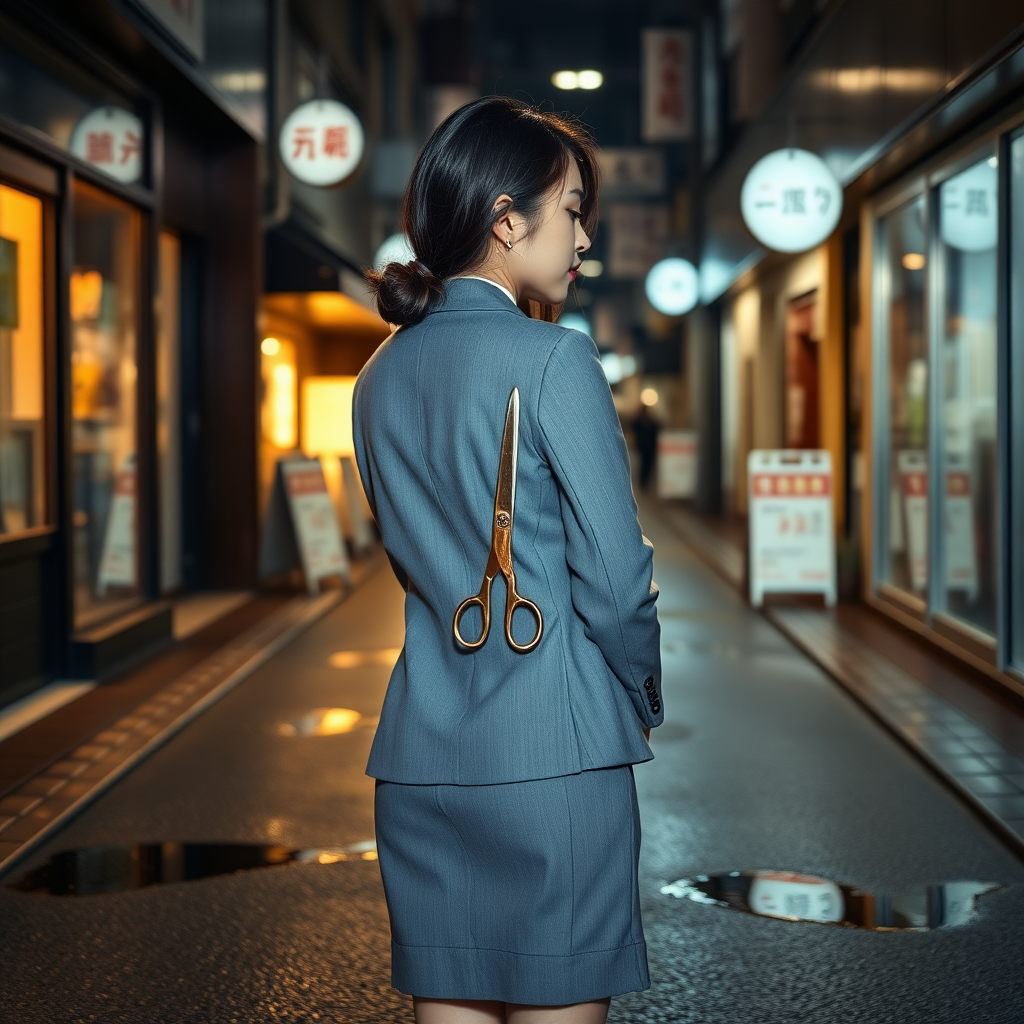 the back of a young Japanese businesswoman. She holds a pair of long scissors at her side. She wears a grey blazer and a grey skirt and faces the camera. The lights from the shops in the alleyway glint off of the scissors. The lights from the shops in the alleyway are reflected in the rain puddles scattered on the asphalt of the ground. It is late at night.