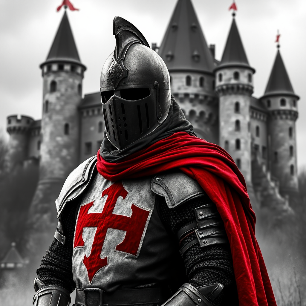 A knight of the Teutonic Order in black, white, and red colors, the background a castle in black, white, and red colors. Realistic photo.