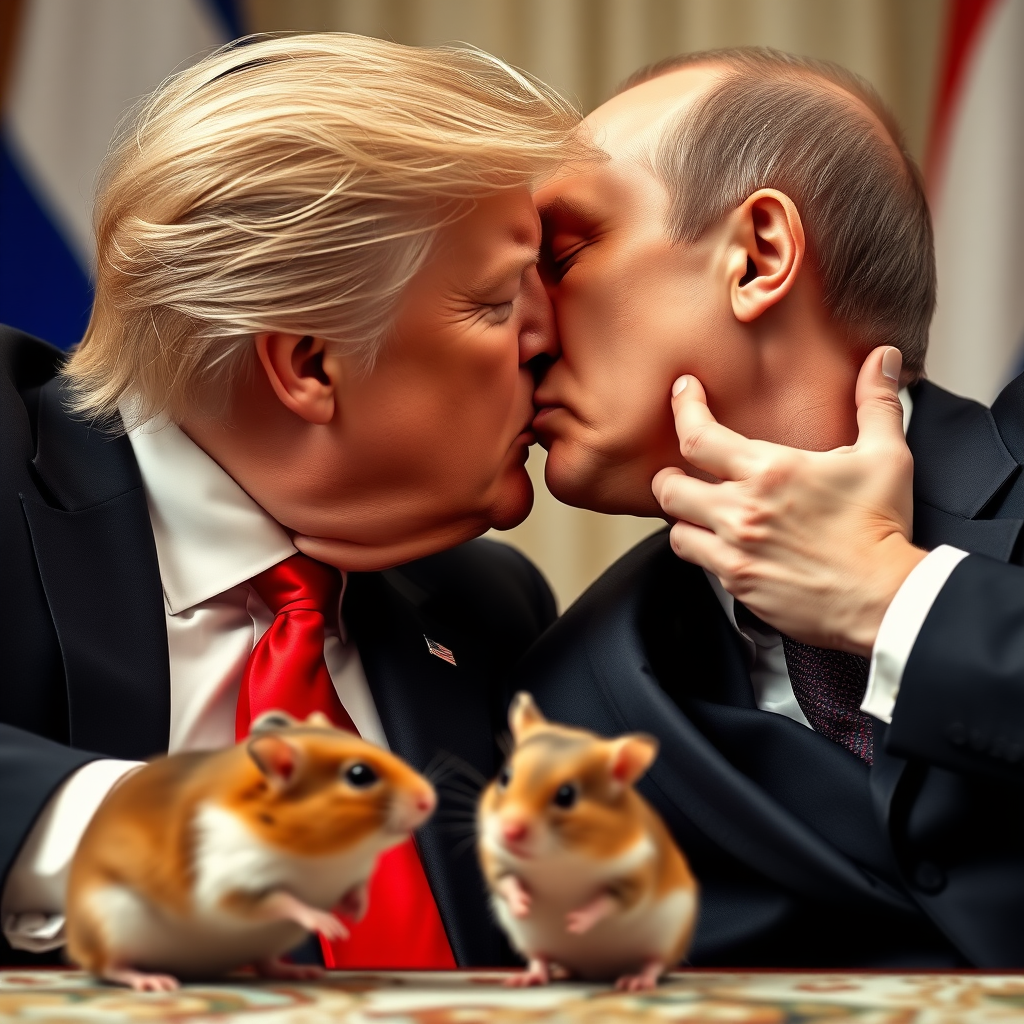 Donald Trump and Vladimir Putin kissing while a hamster watches