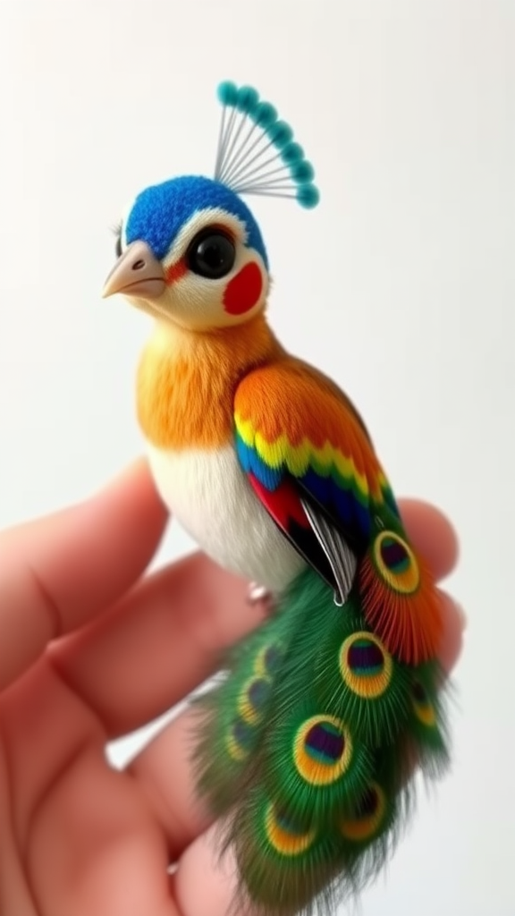 A small tiny cute chubby big eyes big perfect tail real colorful dancing peacock with tail on hand