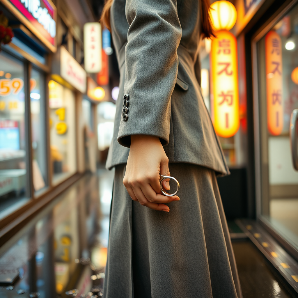 Camera focuses on the lower portion of a young Japanese businesswoman who wears a grey blazer and grey skirt. She grips and holds a pair of scissors at her side, the blades pointed to the ground. The scissors gleam from the lights of the shops in the surrounding alleyway. The lights of the shops are reflected in the rain puddles of the alleyway.