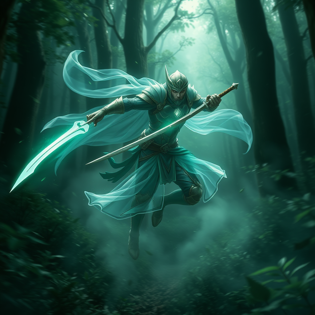 An ethereal image of the Emerald Wind, a swift and enigmatic warrior, moving through a dense forest with incredible speed. His figure is semi-transparent, blending with the wind itself, giving him a ghostly and untouchable appearance. His armor has a greenish glow, as if made from the wind, with light reflecting off the emerald hue. He holds a curved blade that seems to shimmer in the light, and his expression is calm yet focused. Leaves and mist swirl around him as he dashes between trees, barely leaving a trace. The atmosphere is mystical and serene, with the quiet power of the forest surrounding him, as if the wind obeys his command. The scene captures both his supernatural speed and the calm deadliness of a master warrior.