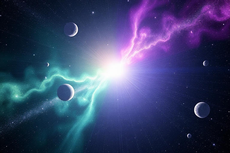 Small dot in the universe bursts into two other halves of universes with their own planets and stars, one side universe is greenish in color while the other half is more purple and has purple asteroids in it, there is a small point of concentrated energy at the center that explodes into both halves of the universe.