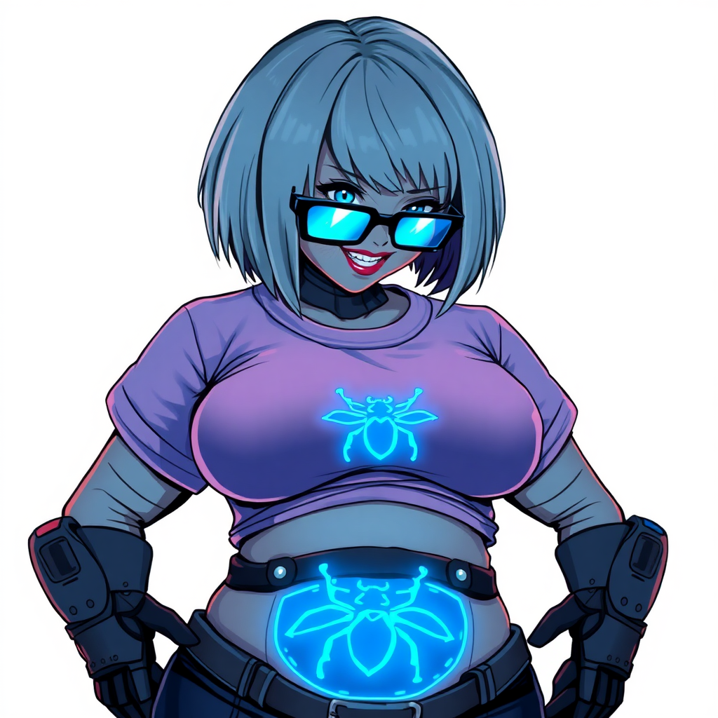 A 28-year-old, full-figured, metallic middle gray skinned cyberpunk computer program hybrid with a short maximum blue bob cut. She has a non-athletic build, highlighted by a prominent, round midsection (with a focus on her round belly). As a digital sidekick to her cyberpunk vigilante boyfriend, her middle gray metallic skin and maximum blue lipstick emphasize her digital nature. She wears a digital, computerized, costume consisting of a huge, tight-fitting, neon blue glowing, digital armored, maximum blue t-shirt (accentuating her round belly) with a neon blue glowing chest icon of a beetle, black digital pants, a black belt with a neon blue glowing digital beetle buckle, and black hi-tech gloves. Her bright blue eyes, black eyeglasses with lenses glowing bright neon blue, and shy smile with neon red blush accentuate her nerdiness. She bashfully bows her head (while still facing the screen) with her hands behind her back, her t-shirt covers her midsection (especially her belly) and emphasizing her full-figured, non-athletic physique. She is on a solid white background. She is drawn as if she was in a retro 2D cyberpunk fighting game. She is clearly non-athletic, with a focus on her full figure. Make sure her costume covers all of her bare skin (especially her round midsection).