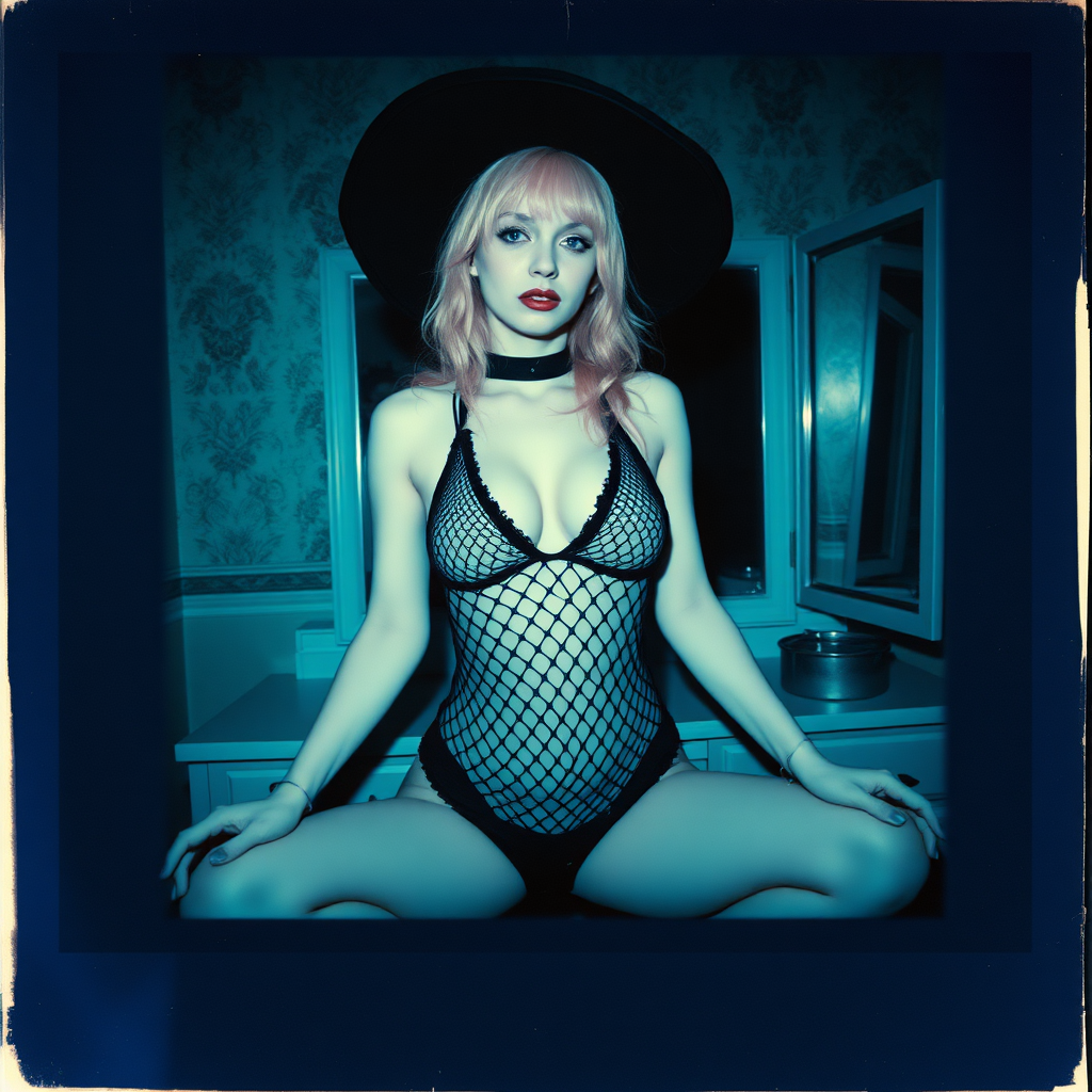 can of an old polaroid photo with heavy dark vignetting and a blue color tint to the photograph and visible light leaks. The photo depicts a sexy alt goth girl with pale skin and pink hair. She has large breasts with ample cleavage and is wearing a black fishnet bodysuit. She is wearing a witch hat. The image looks hazy and grungy. She is in an old house with wallpaper on the walls. Dark lighting with camera flash used. Candid. She is wearing a black thong. She is sitting on a builtin vanity with a mirror with her knees spread apart.