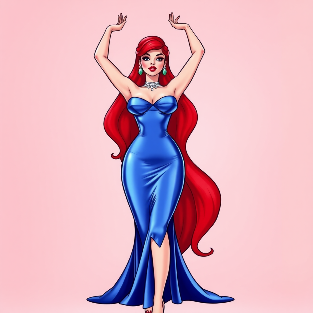 Jessica Rabbit arms up. Her strapless silk gown hanging loosely.