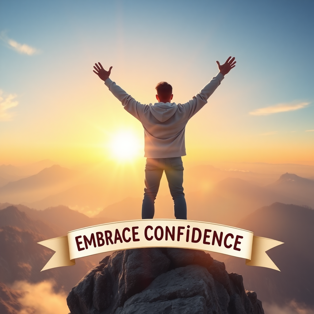 An imaginative scene depicting a confident person standing on a mountain peak, arms raised in victory, with a radiant sunrise behind them and a banner reading, "Embrace Confidence!"