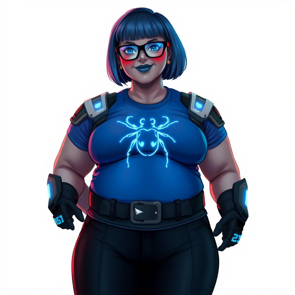 A 28-year-old, full-figured, middle gray skinned computer program hybrid with a maximum blue bob cut. She has a non-athletic build, highlighted by a prominent, round, large midsection (with heavy emphasis on her belly). As a digital sidekick, computer hacker, and nerdy girlfriend to her cyberpunk vigilante boyfriend, her middle gray metallic skin and maximum blue lipstick emphasize her digital nature. She wears a digital, computerized costume consisting of a gargantuan, tight-fitting, hi-tech, maximum blue t-shirt with a neon blue beetle glowing chest icon, hi-tech shoulder pads with neon blue accents, a black digital belt with a digital neon blue glowing beetle buckle, black biker pants with neon blue glowing accents, and black hi-tech gloves with neon blue glowing accents. Her neon blue glowing eyes, black eyeglasses with a neon blue glowing HUD built in its lenses, and lovestruck smile with neon red blush accentuate her nerdiness. She stands bashfully with her hands behind her back, her costume covering all her skin and emphasizing her full-figured physique (especially her belly). She is clearly non-athletic, with a focus on her full-figured physique. Despite her build, she radiates beauty. She is on a solid white background. She is drawn as if she was in a retro 2D cyberpunk fighting game.