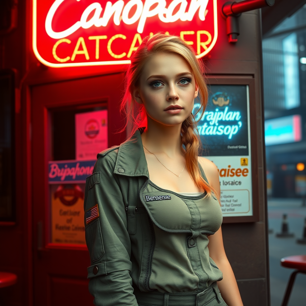 A twenty-something girl resembling Ana de Armas, strawberry blonde hair, small chest, pale skin, freckles, eyeshadow like Avril Lavigne. Wearing a military flightsuit with "Benaenae" on the pocket, tank top underneath. Leaning against the wall in front of a bar in a science fiction city. Neon sign with the words "Canopean Catcaller" above the door. Advertisement for something called "Brajkaisop".