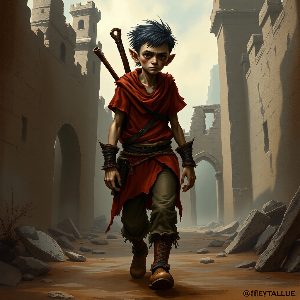 A small, skinny kobald in a tattered red tunic and dirty brown pants wearing a quaterstaff on his back as he walks through a ruined castle