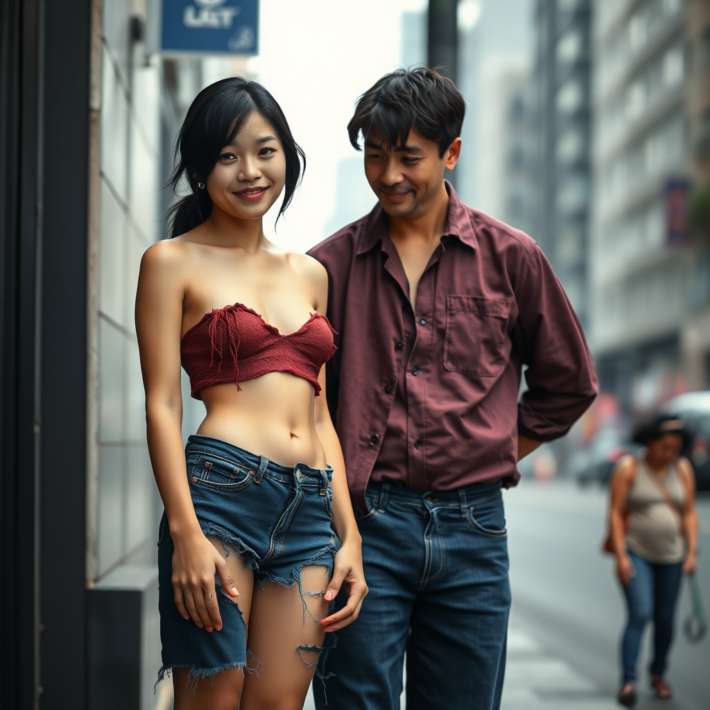 A young loving but unkempt, neglected, homeless, and slightly undernourished Asian woman, with smooth, deep black hair, looks as if she has come from another world and is depicted as a complete person with maximum allowed nudity. She is portrayed largely without clothing because she is slim and has an athletic body. The Asian woman has a very beautiful, normal, youthful, yet feminine physique. Her slender figure is enviable! Her sad, hopeless, and mystical facial expression is meant to dominate the image. Her skin is healthy but unclean, having not been washed for days. The shame is intensified by fear of her possible unpleasant smell! The Asian woman wears a torn, old, completely transparent, extremely short, and cropped top, along with a totally shredded, tattered, thin pair of shorts. A clear sense of shame is visible on her face. No smile can be seen. She is extremely embarrassed. She is to be depicted with a small, flat navel! Her stomach is always fully visible. She has a noticeable wound on her face and looks as if she is about to cry. She looks miserable, sad, and utterly hopeless! It seems she is afraid of something! She is crying in the end. Next to her stands a 60-year-old German man. The German man looks to be about 45 and is a well-groomed individual. He looks at the Asian woman as if offering her his help. The German man is clean-shaven and slim, has a normal fashionable haircut, and his hair is dark brown. He is wearing a new, nice yet simple burgundy shirt with a subtle pattern and new dark blue jeans. The German man looks sympathetic, smiling slightly, and gazes kindly at the Asian woman as if he feels great pity for her. The Asian woman cannot meet the German man's eyes out of embarrassment, but one can assume that she likes him. The weather is hot. The scene takes place in the city.