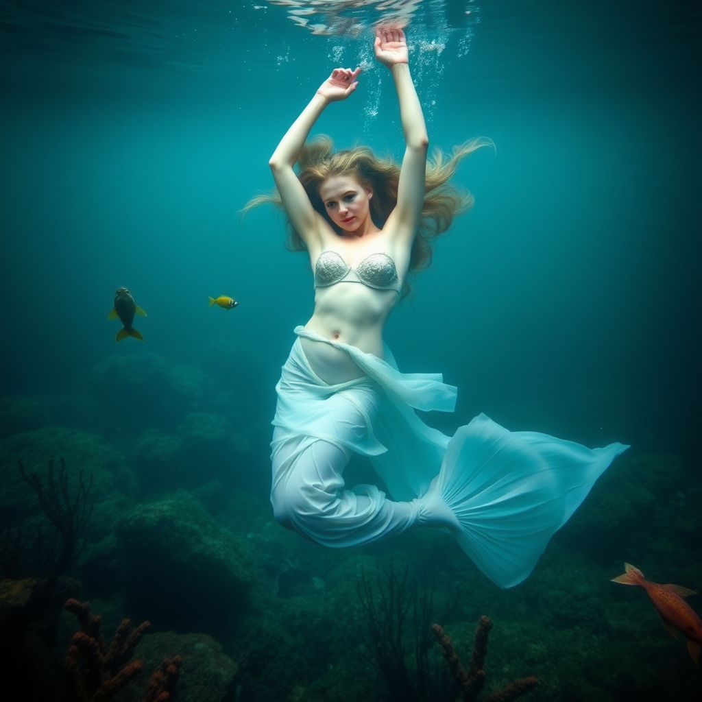 Aphrodite as a mermaid she's floating underwater surrounded by sea creatures and plant life. Her graceful arms float above her head. In the photographic style of Suze Randell on DSLR