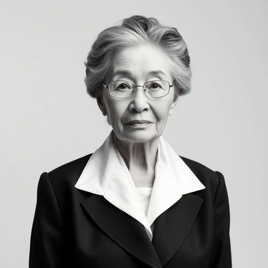 80 age old korean woman, front, woman suit, photo studio background, black and white hair,