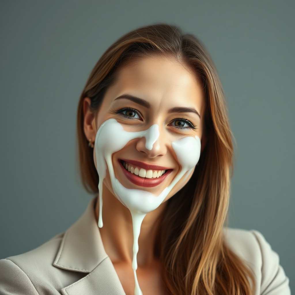 mature attractive business woman with 50 ml of white almost translucent slime dripping on her face, she looks happy and smiling