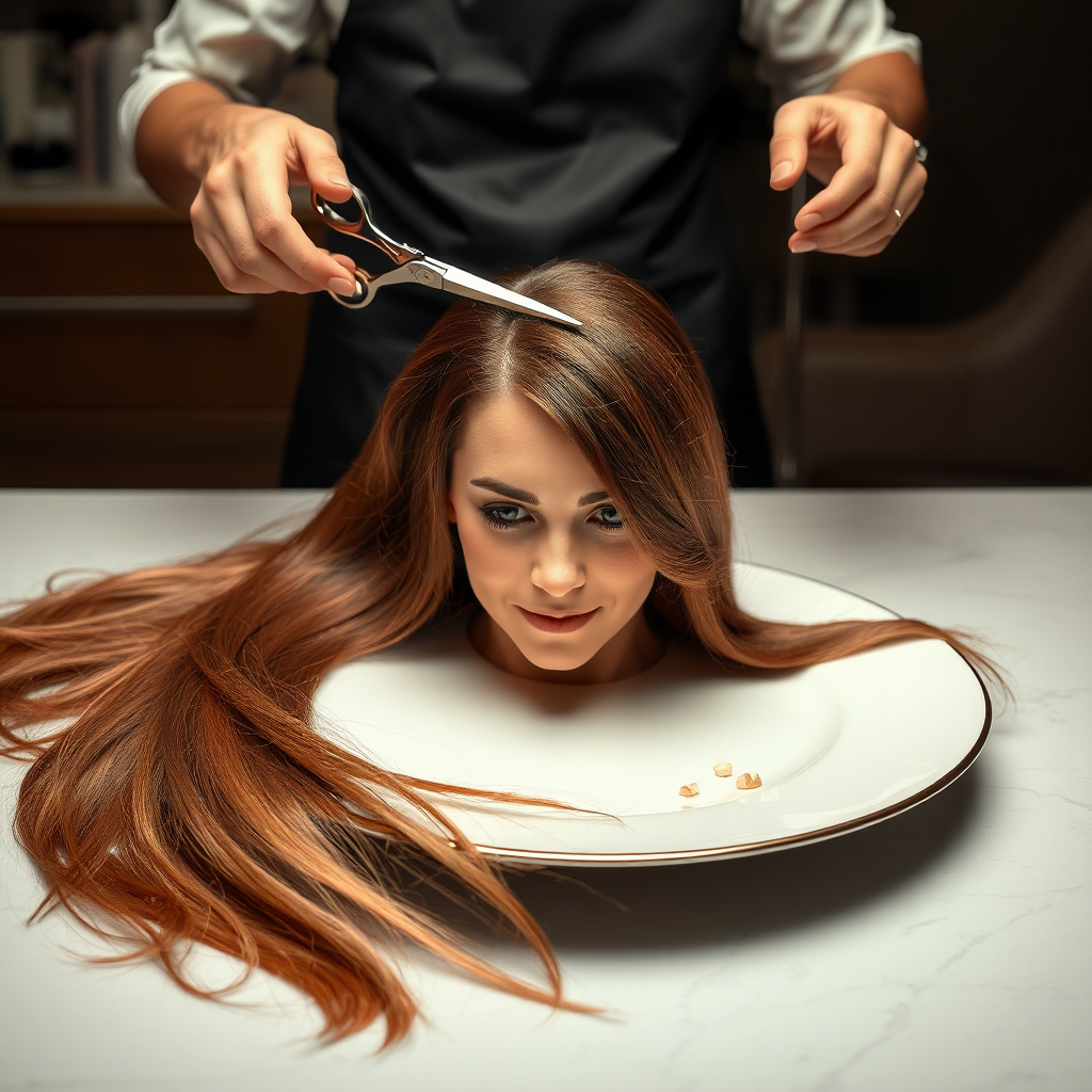 In a bizarre, surreal tableau, the polished surface of an elegant dining plate cradles the disembodied head of a strikingly beautiful Kate Middleton, her long, flowing hair cascading like a glossy waterfall of deep chestnut and honey highlights. The hair is luxuriously arranged, strands shimmering under the soft, ambient light that bathes the scene in an ethereal glow.

A skilled hairdresser, clad in a sleek black apron, stands poised with a pair of gleaming scissors, carefully trimming the endlessly luxurious locks that frame Kate's serene, almost ethereal features. The air is thick with the scent of salon products mingling with delicate hints of floral fragrances, creating an unusual yet strangely inviting atmosphere. The hairdresser's focused expression reveals a meticulous dedication as snippets of hair fall gracefully onto the pristine plate, echoing a sense of both artistry and absurdity.

The overall emotional tone conveys a dreamlike quality, inviting viewers to ponder the juxtaposition of beauty, identity, and the bizarre circumstances that bind them in this extraordinary moment.