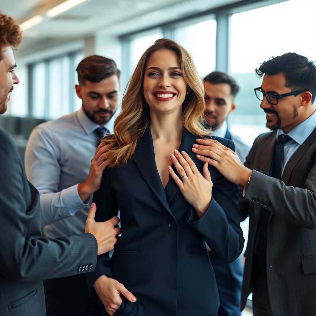 a happy business woman in the office, her many male colleagues are surrounding her, touching her all over her body