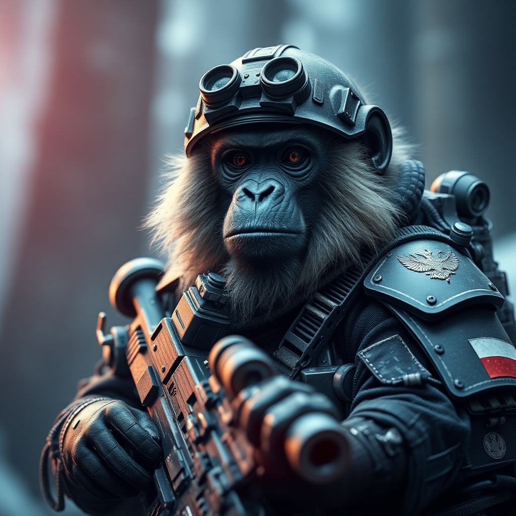 primate russian soldat in futuristic battle gear