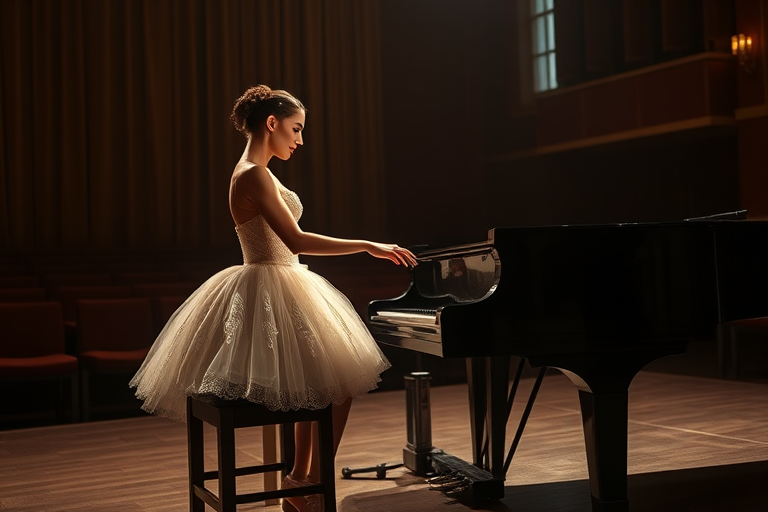 In the dim-lit auditorium of a historic ballet company theater, the air is thick with a sense of nostalgia, the kind that whispers stories of artistry and talent. A ballerina, poised elegantly on a weathered wooden stool, plays a grand piano with a mastery that transforms each note into a haunting melody. Clad in a delicate, ivory vintage tutu adorned with intricate lace and shimmering sequins that catch the soft light, her hands glide over the polished ebony keys, creating a symphony that echoes through the room.

The stage is bathed in a magical, ethereal glow, casting warm, golden highlights that accentuate the ornate details of her costume and the glossy sheen of the piano’s surface. Shadows dance gracefully along the walls, mingling with the muted colors of the velvet curtains that frame the stage. The scent of aged wood mingles with a faint hint of blooming jasmine wafting in from an open window, enhancing the dreamlike quality of the moment.

As she plays, a hushed silence envelops the audience, each note evoking memories and emotions that hang in the air like an invisible tapestry. The ballerina’s expression is serene yet deeply introspective, revealing a connection to the music that transcends the physical realm. Her fingers move with a fluid grace, reminiscent of the graceful pirouettes she performs when dancing, as if her entire being is infused with the rhythm of the piece.

In this intimate setting, the atmosphere pulses with a bittersweet beauty, where the past and present intertwine, inviting all who are present to lose themselves in the enchanting world of dance and melody that unfolds before them.