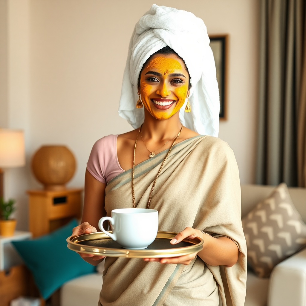 slim, 30 year old, indian Bride, towel head, turmeric face mask, saree. She is smiling and serving coffee on a tray in living room.