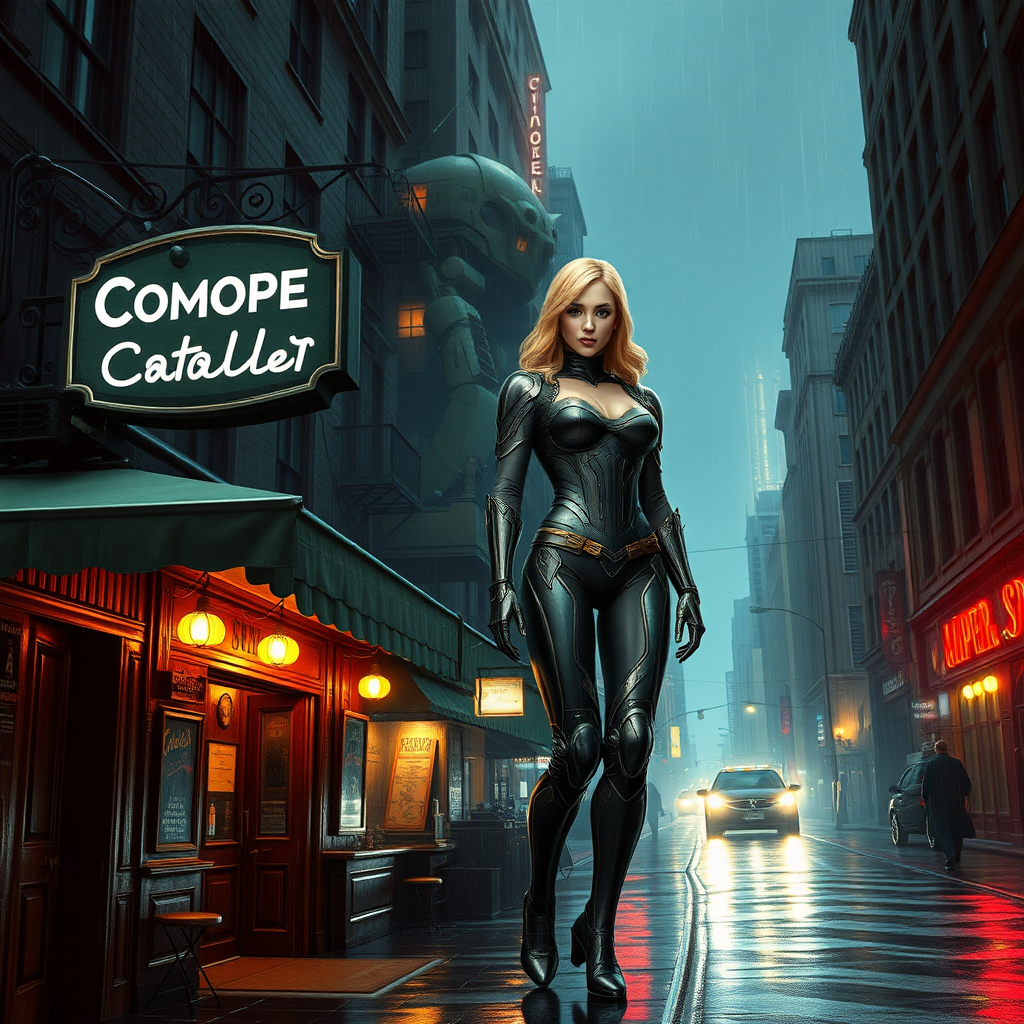 A city street, a bar with a sign that says "Canopean Catcaller". Large battlemech towering nearby with a woman standing on top. She resembles Ana de Armas, has strawberry blond hair and is wearing a formfitting modern armor. Hyperrealistic, digital matte painting, night, raining, film grain, chromatic aberration.