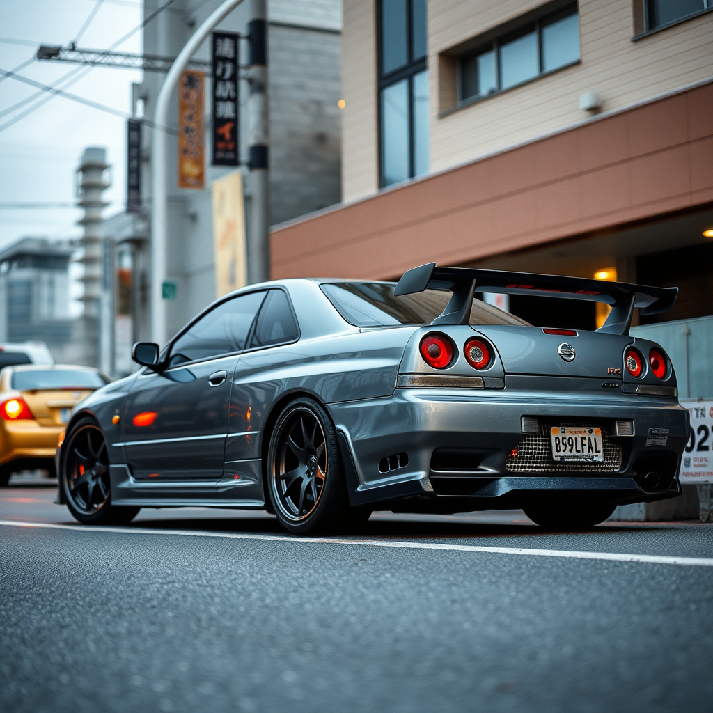 The car is parked on the side of the road, inspired by Taiyō Matsumoto, tumblr, restomod, nd4, c4 metallic shine gray black nissan skyline r34 kalabalik tokyo gece arkaplan