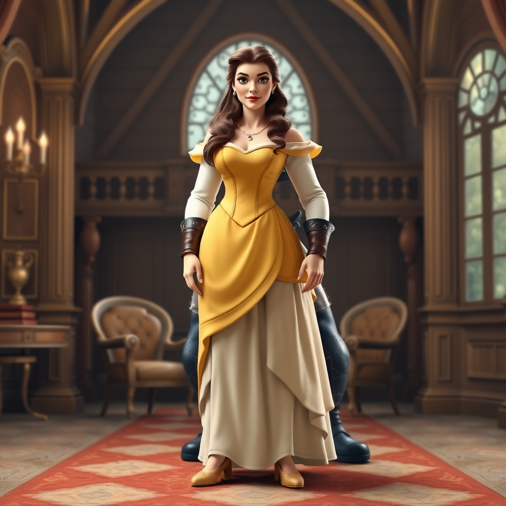 Generate a full-length rendered image of Belle, swapping her body for Gaston's masculine physique, retaining her iconic head, hairstyle, and facial features. Incorporate background elements inspired by both characters, blending grand chateau opulence and rustic hunting lodge charm.