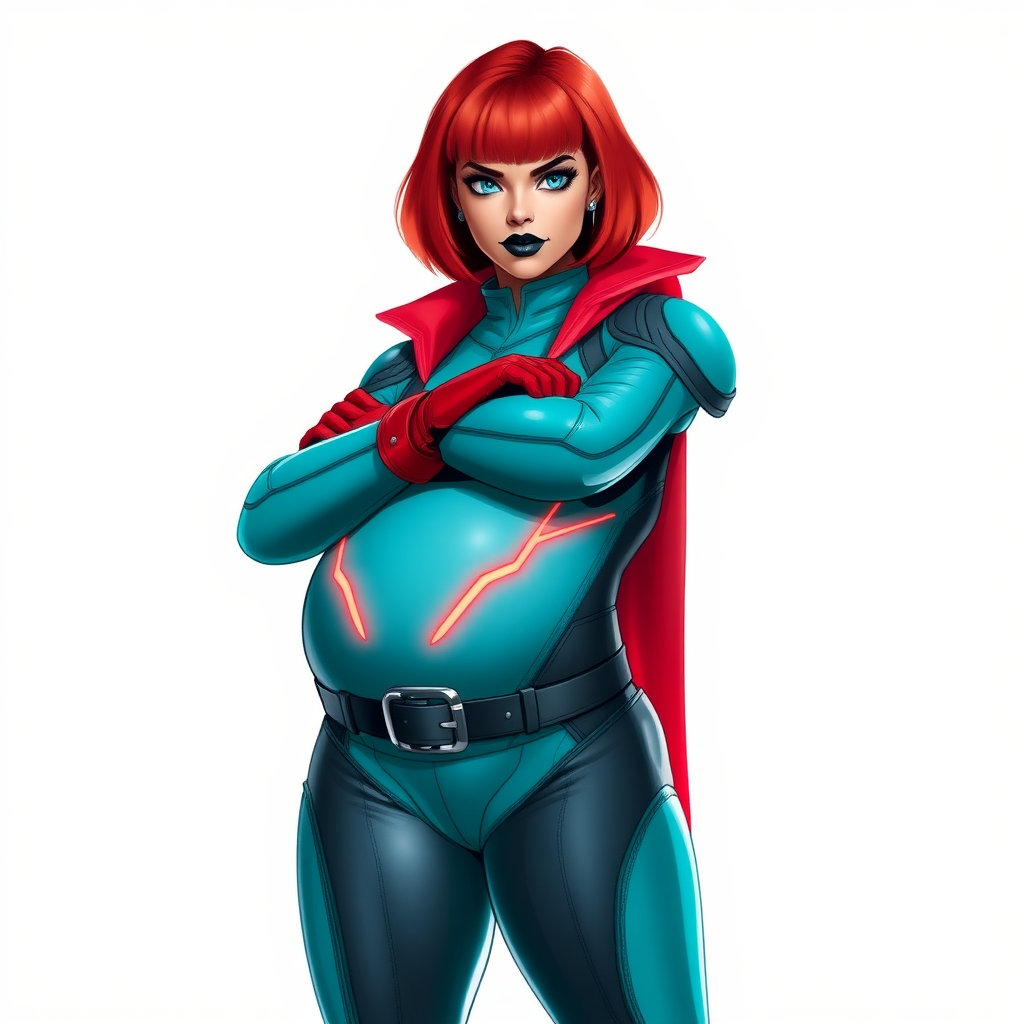 A 26-year-old, heavily-pampered, full-figured, mystical vigilante detective ally of her cyberpunk vigilante older brother figure with a bright red bob cut, black lipstick, and piercing bright blue eyes. She has a new non-athletic build, now highlighted by a prominent, round, gargantuan midsection (with the full emphasis on her gargantuan belly), which shows the aftermath of her pampering. Despite her new physique, she displays her usual confidence. She wears a large, high-tech, tight-fitting, maximum turquoise biker suit (accentuating her gargantuan belly), complemented by a glowing neon red cape and high-tech red gloves. Her stance is firm and resolute, arms crossed, exuding a no-nonsense attitude. Her costume reflects the influence of DC New 52 Prime Earth’s Phantom Lady, Jennifer Knight, while her pose embodies the moral ambiguity and determination reminiscent of DC’s Pax Americana’s The Question. She is on a solid white background. She is drawn as if she was in a retro 2D cyberpunk fighting game. She is clearly non-athletic, with a focus on her full-figured physique. Her belly is fully bloated to emphasize her non-athletic figure. Make sure that her biker suit covers all of her bare skin (especially her gargantuan midsection).