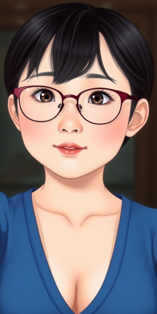 A beautiful Chinese girl, short hair, wearing glasses, plump figure, with a small chest, in a blue outfit.