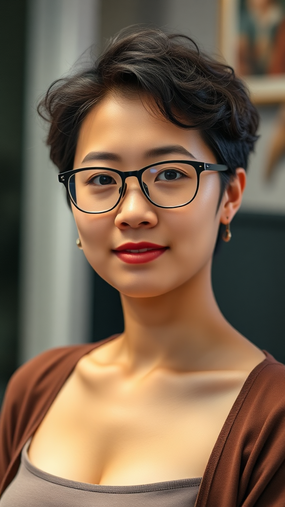 A beautiful Chinese woman, 30 years old, short hair, curly hair, wearing glasses, with a full figure and a small chest.