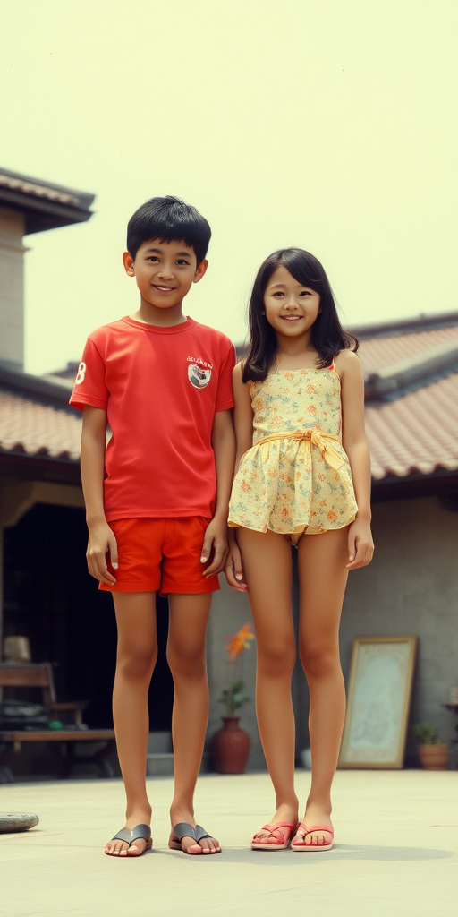 Vintage photo, 1980s. Hot summer. China. Tall 14yo teen boy and girl. Long legs, bare thighs. Full length view.