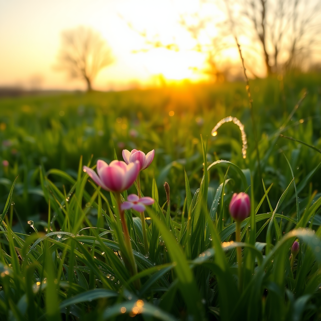 A BEAUTIFUL SPRING LANDSCAPE AT SUNRISE WITH THE IMAGE OF CLOTHES, THE FLOWERS IN THE GRASS AND WITH WAVES OF MORNING DEW.