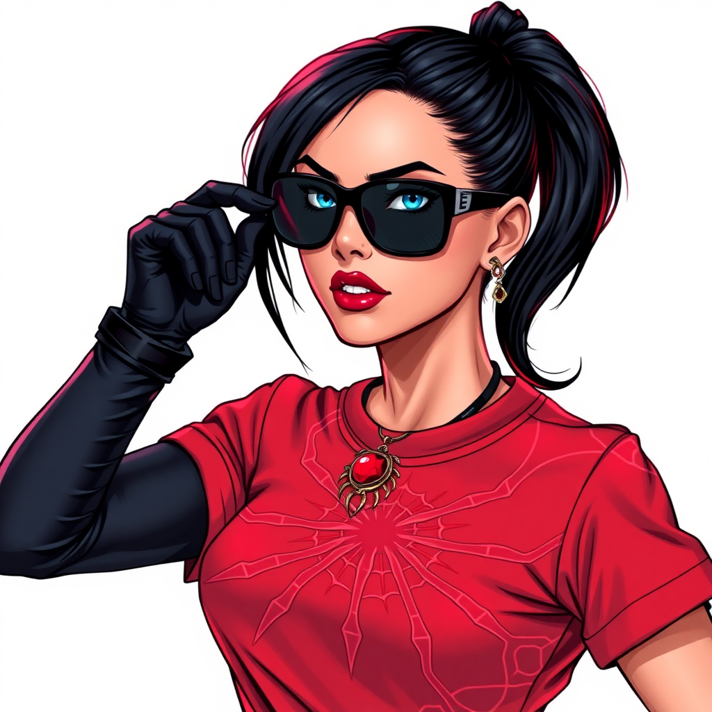 A 26-year-old mystical corporate hero hunter with a sleek black ponytail, maximum red lipstick, striking blue eyes, dressed in a maximum red t-shirt adorned with intricate neon red web patterns, equipped with black biker gloves, and wearing black-lensed shades and a mystical red gemstone amulet featuring an intricate web design that grants her the cunning and trickery of Anansi. She poses flirtatiously against a solid white background, exuding an aura of mystical power and intelligence. She is drawn as if she was in a retro 2D cyberpunk fighting game.