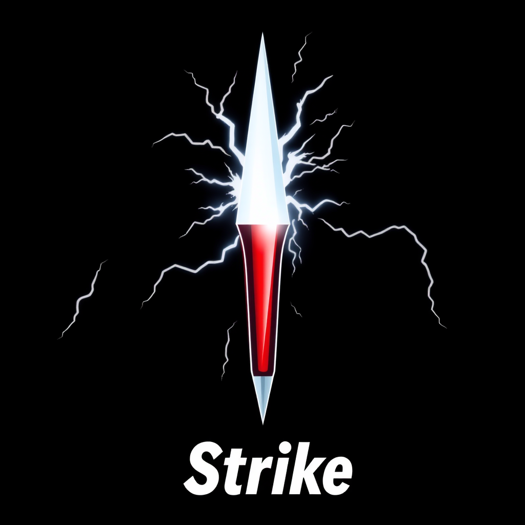 "Strike" with a sharp fort on a black background and with font. Make it with some lightning motives