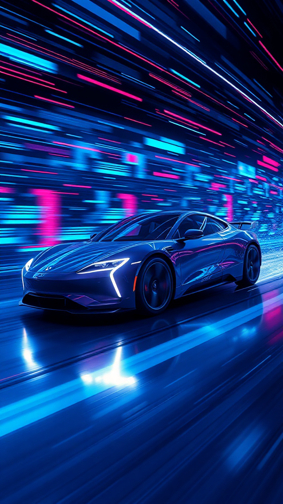 Please render the electric car racing in cyberspace in a realistic 3D manner. Make the background cyber-like and express it with a sense of speed with the "electric sparks". Make the overall color dark blue and draw it with a neon sign feel.