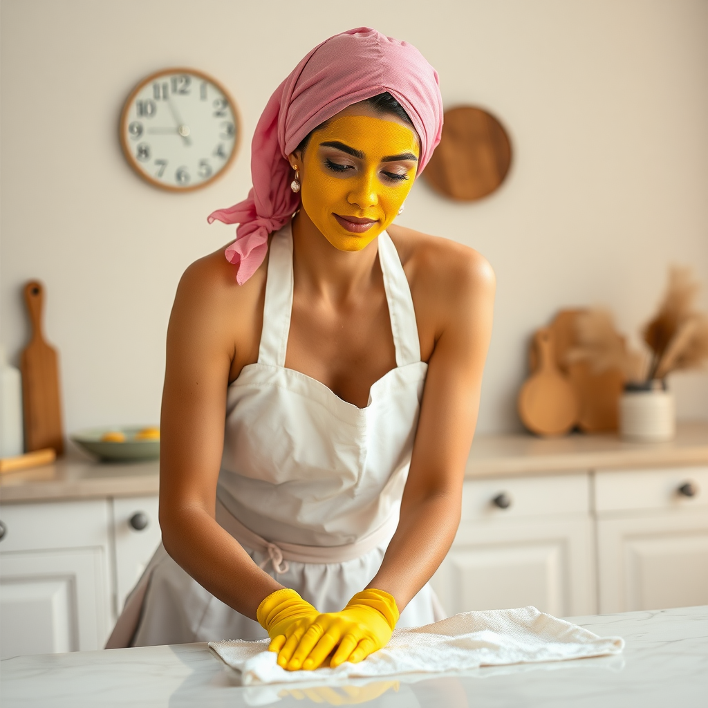 slim, 30 year old, sexy, french maid, pink scarf head, turmeric face pack. She is cleaning a table with a cloth