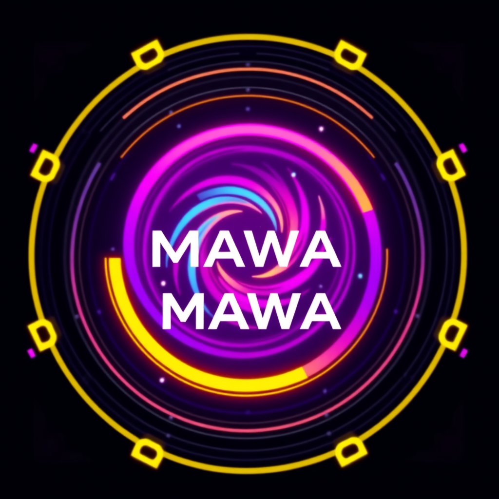 Modern Circle 4K Logo For AI Program Called "MAWA" Text Center Logo To Have Spiraling Mixing Color Pink, Purple, Blue, Yellow Futuristic AI