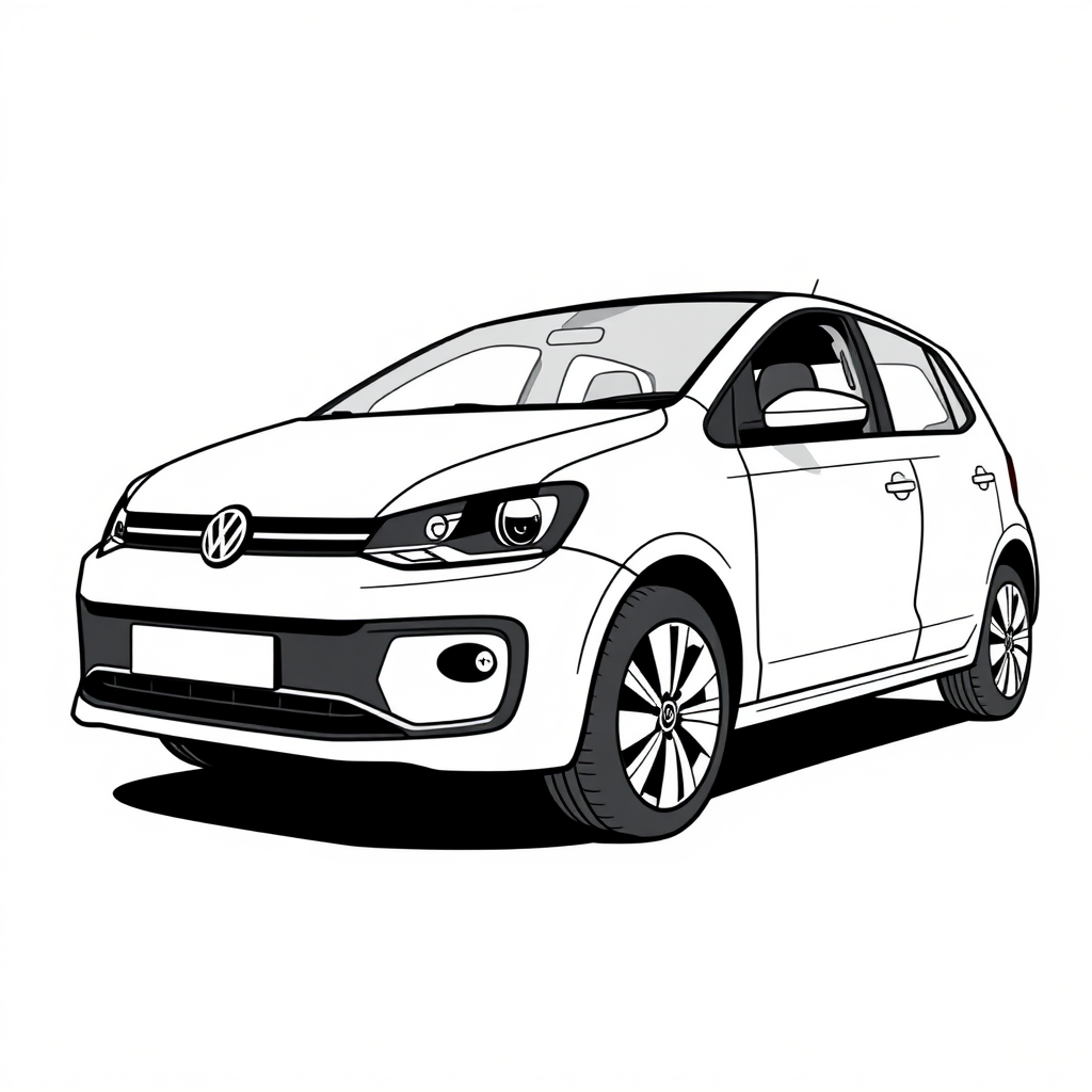 white vw polo V car, open driver's door, long establishing shot, 2D, caricature, cartoon, Sketch lines, coloring book, coloring book style on white background, well composed, clean coloring book page, No dither, no gradient, strong outline, No fill, No solids, vector illustration, realistic proportions