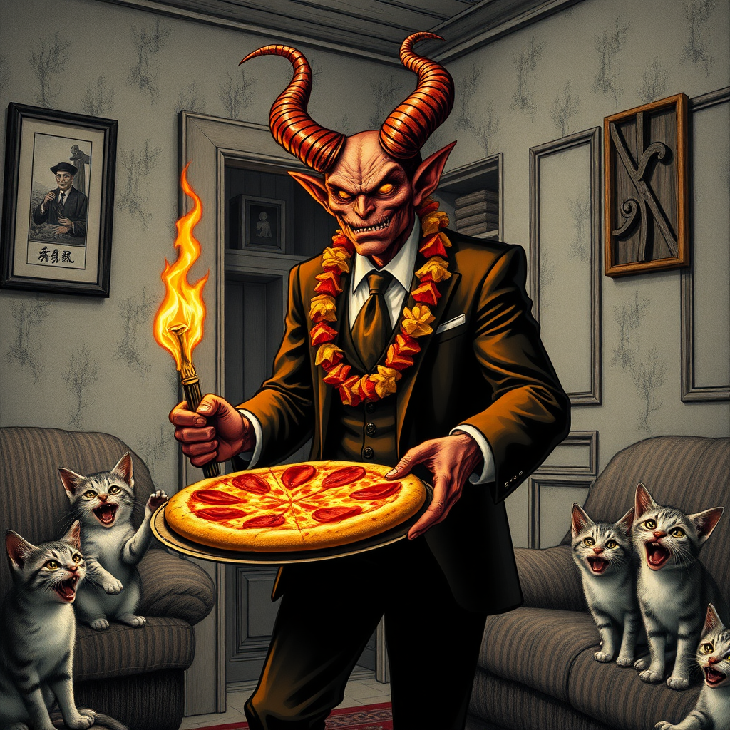 A well dressed handsome demon delivering Hawaiian pizza to angry kittens in a decayed apartment, Chinese woodcut, Mormon, Catholic