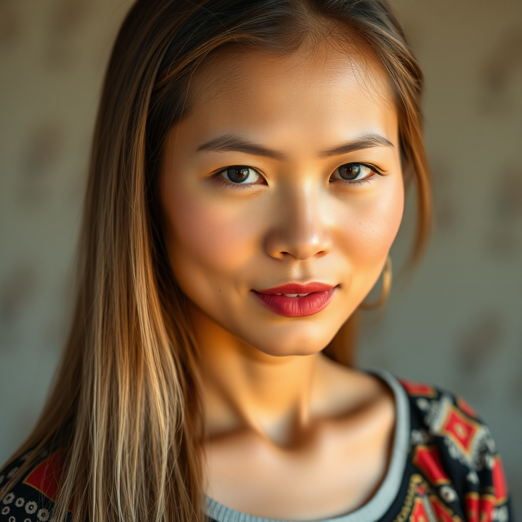 A 40 Year young North-East Thai Women with uncolored long straight Hair and a fine Gold chain.