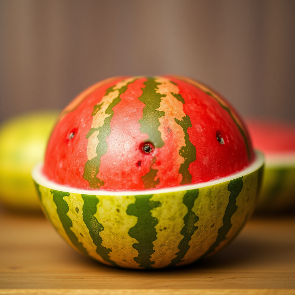 A beautiful watermelon, real photo, blurred background, miniature mode.