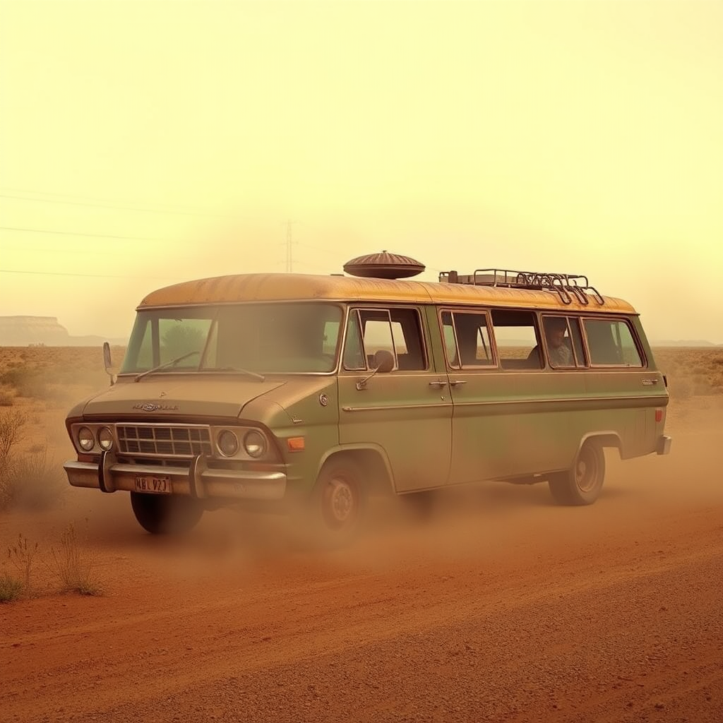 Ford Falcon Mad Max post-apocalyptic dust rusty zombie the bus is parked on the side of the road, inspired by Taiyō Matsumoto, tumblr, restomod, nd4, c4