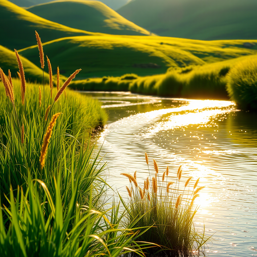 Lush waterway scene at golden hour, impressionistic style. Gentle curves of a shimmering, reflective river, glistening under soft sunlight. Tall, vibrant green grass swaying near the water's edge, with wisps of golden reeds bending in the breeze. The background features rolling hills covered in varying shades of green, casting a serene and tranquil vibe. Sparkling light dancing on the water’s surface creates a dreamy atmosphere. Dominant colors are rich greens and warm golden hues, enhancing the peacefulness of the natural setting.