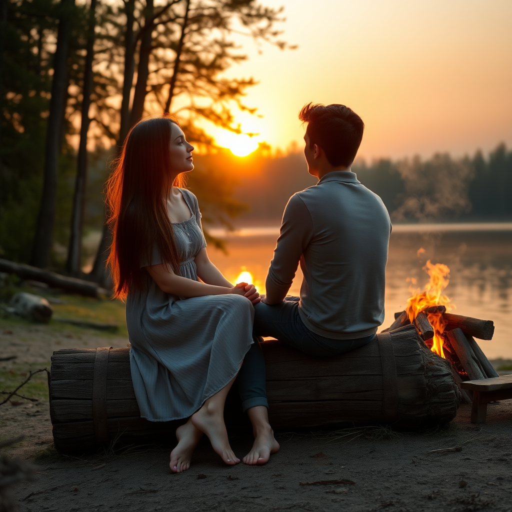 A young woman and her friend sitting on a trunk next to a fireplace at the shore of a lake. She has long brunette hair. She is wearing a dress. Barefoot. She is looking at him with love. The sinking sun is falling through the trees. A little fog is rising from the lake. Light like in a fairy tale, a bit mystic. Photo.