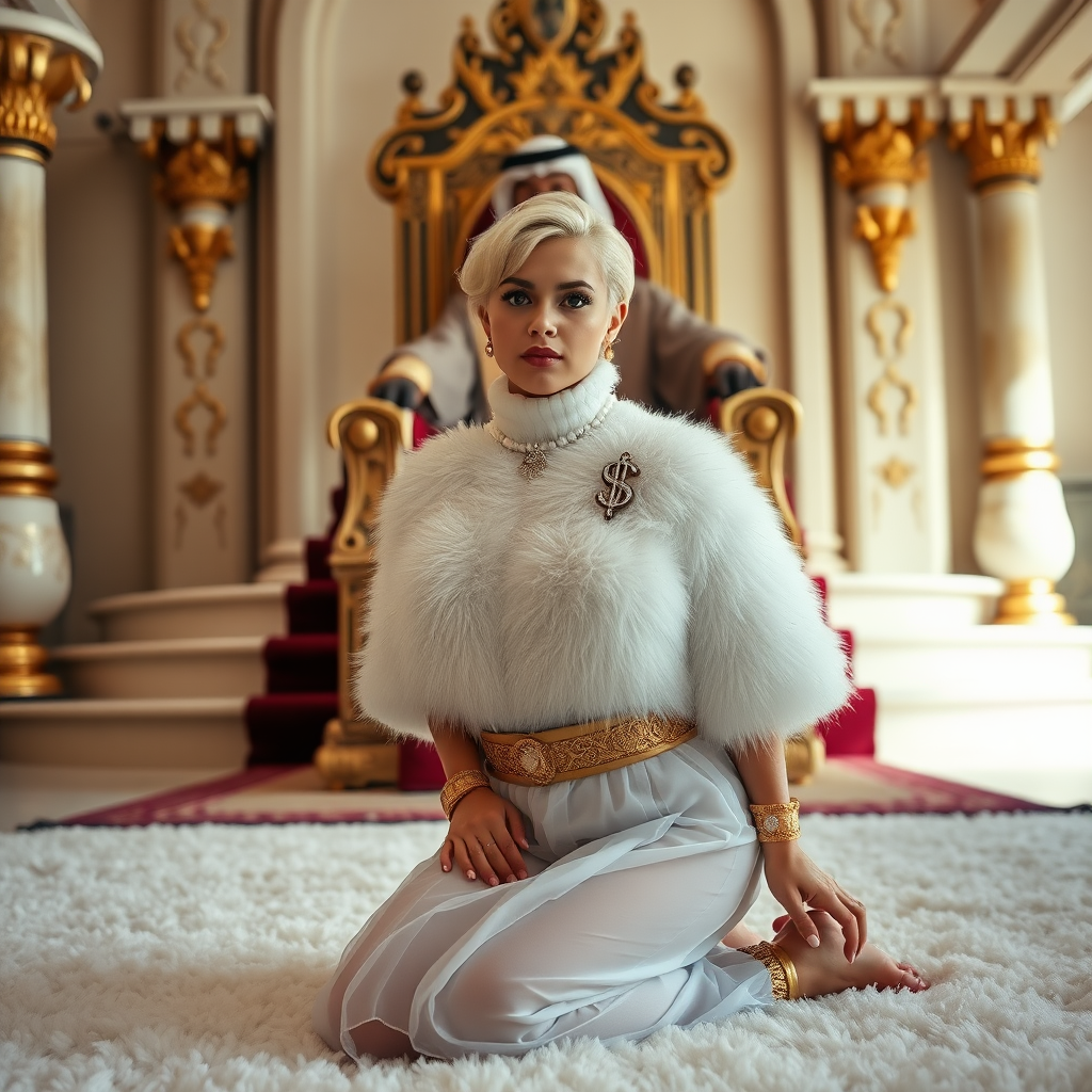 Kuwait desert palace throne room, throne raised on stair head, old overweight mighty sheik sitting on throne. In front of stairs, kneeling on white fluffy carpet: Melissa, European 17 years old very convincing femboy “trophy-bimbo”, tamed servile docile, rather short, by hormones very curvaceous womanly figured, platinum blond short tight curls, heavily made-up eyes, wearing Supertanya-style fluffy very fuzzy bright white angora turtleneck-poncho cropped ending under bust decorated with pearls and gemstones, striking oriental wide gold bridal protection belt, white fully transparent harem pants, full Oriental bridal jewelry, white sheer full Burka, coin anklets, striking diamond “$$$” letter brooch on left chest, pout frustrated, hands tied behind back, looking at camera. Focus on face and turtleneck-poncho.