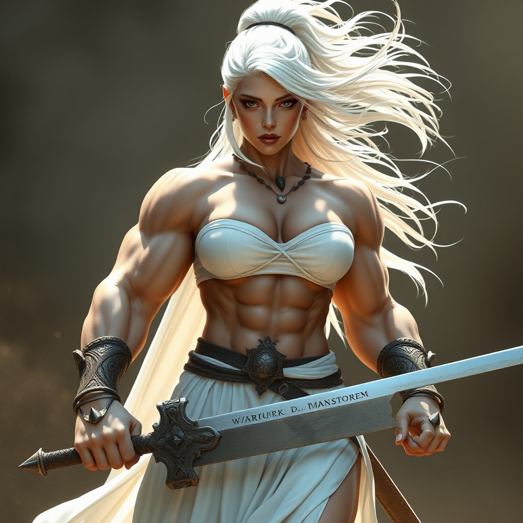 massive huge muscular jacked strong bodybuilder girl, white strapless dress, warrior princess, white hair, wind on hair, sword